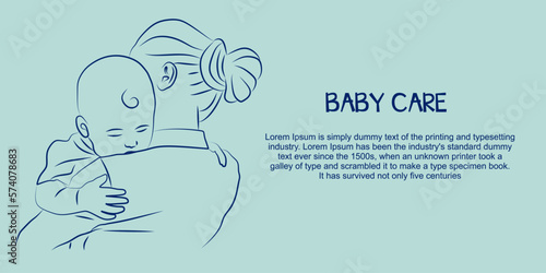 Mom and baby, Baby care concept for banners. Mother holds baby on hands. Vector banner in linear style. Little sleeping baby. Vector illustration