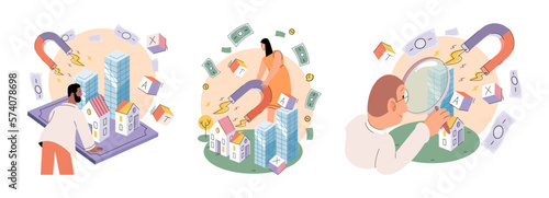 Golden coins pile, magnet and money. Financial literacy metaphor for passive income vector set. Rental activity income, upfront investment, accelerate your financial goals, savings accounts
