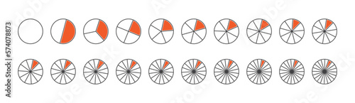 Circle division, fraction pie, 20 slice, chart vector icon, infographic piece, pizza 20 part. Graphic round illustration