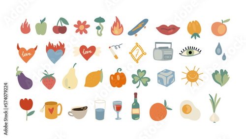 summer clip art big set, collection of groove stickers, fruits, drinks, habits, cigarettes, wine, glass, skateboard, fire, radio, heart, Doodle elements, diary and notebook stickers, 