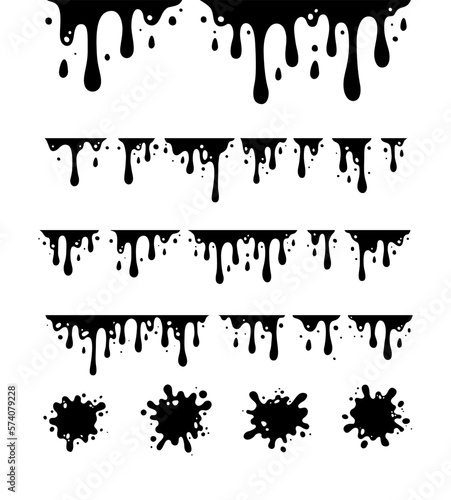 Black Melting Paint Abstract Liquid Vector Elements Isolated on White Background. Border and Drips Ink Set. Vector Illustrations.  