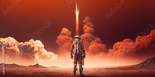 Astronaut watching liftoff from Mars by generative AI photo