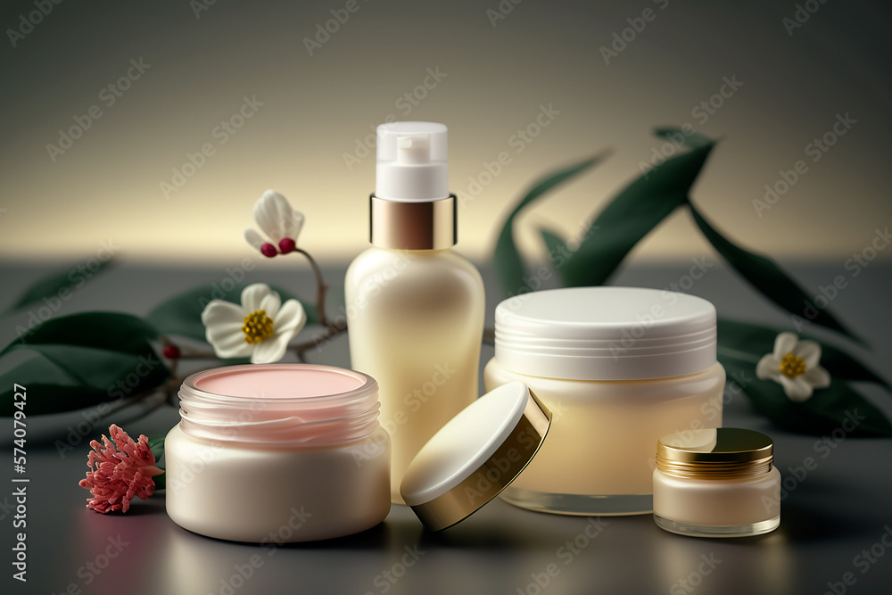 Beauty set of skin care and hair care products lotion, gel, shampoo, serum, massage brushes. Generative AI