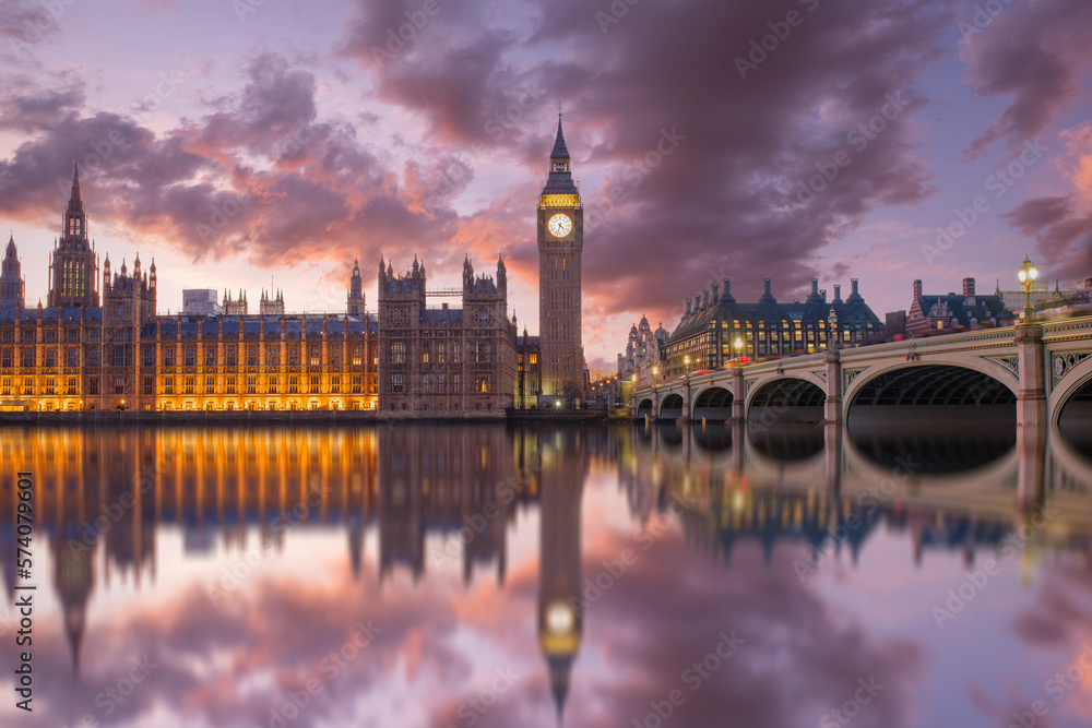 Big Ben and Houses of Parliament at dusk, London, UK. Colorful sunset Big Ben and Houses of Parliament at dusk, London, UK. Colorful sunset