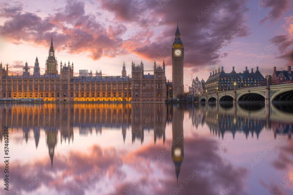 Big Ben and Houses of Parliament at dusk, London, UK. Colorful sunset