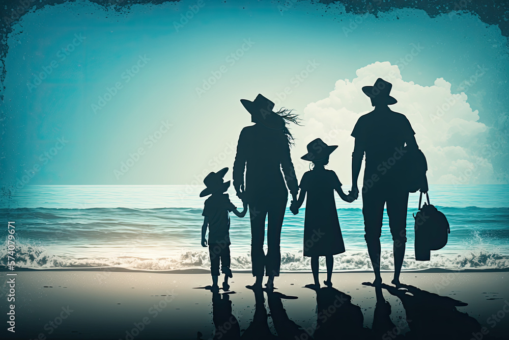 A family hold hands on the sandy beach and look out to sea. Generative AI