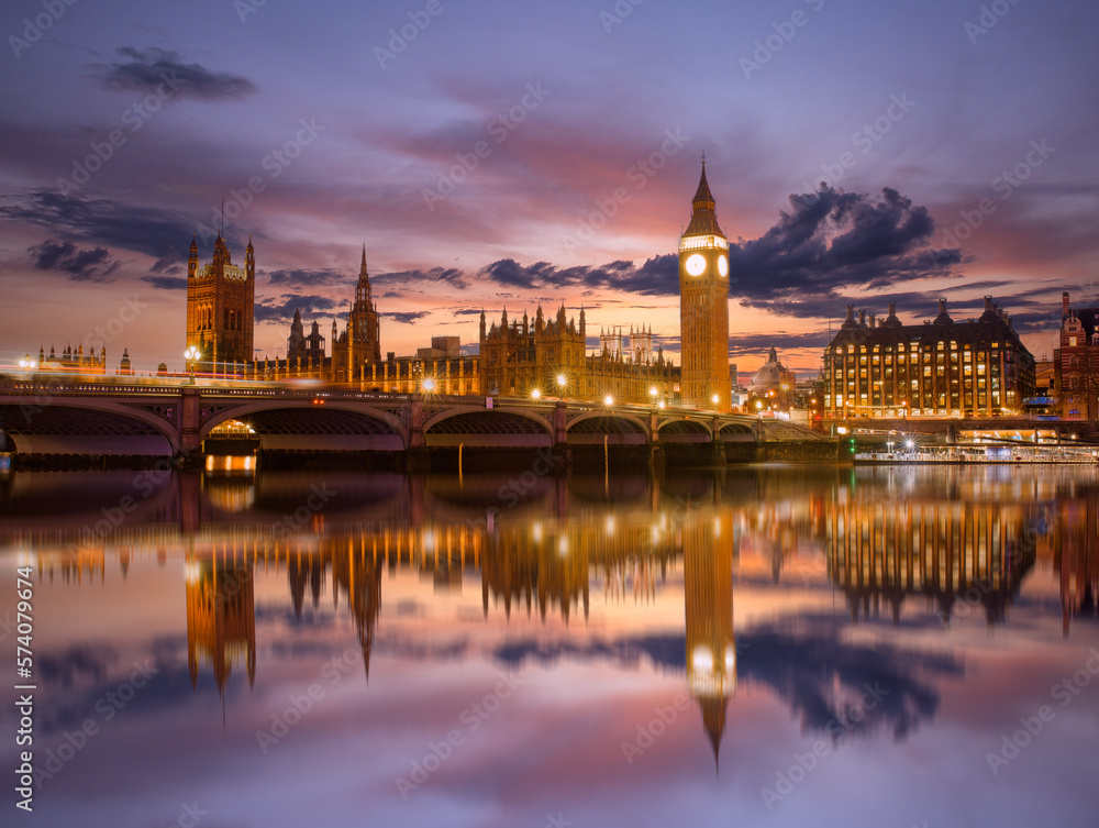 Big Ben and Houses of Parliament at dusk, London, UK. Colorful sunset