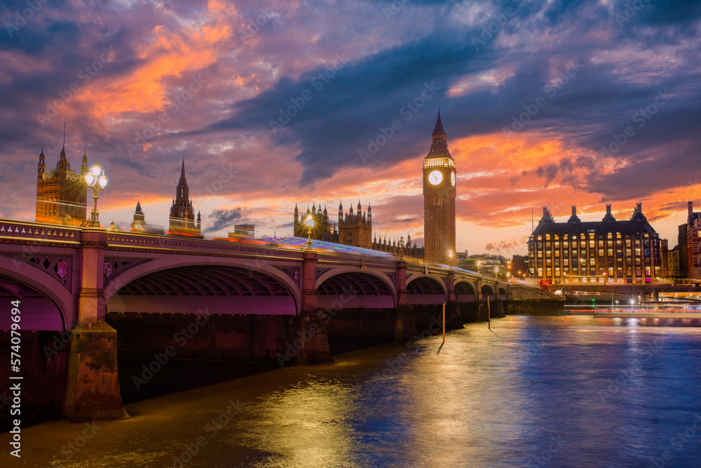 Big Ben and Houses of Parliament at dusk, London, UK. Colorful sunset