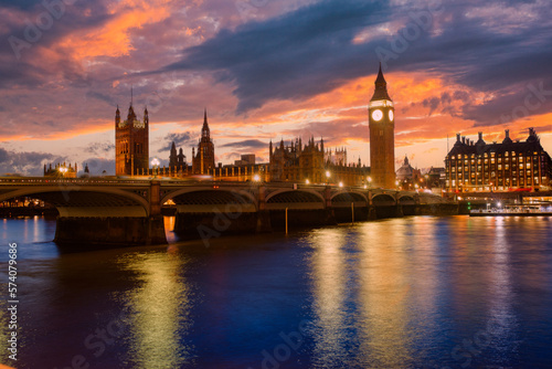 Big Ben and Houses of Parliament at dusk  London  UK. Colorful sunset