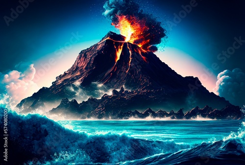 Volcanic eruption on the island, cartoon style illustration, acrylic painting. Blue sky and water, ocean. sea. Generative AI