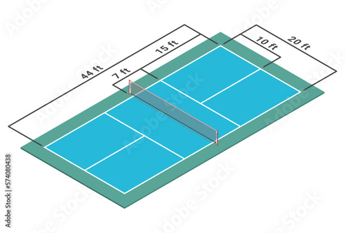 Pickleball court isometric diagram. Vector illustration without gradients.