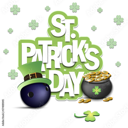 Happy St. Patrick's day.Bowling ball in leprechaun hat, pot with gold coins and clover. Pattern design for logo, banner, poster, greeting card. Vector illustration on isolated background