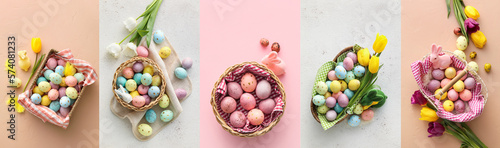 Photography Collage with baskets of colorful Easter eggs, top view