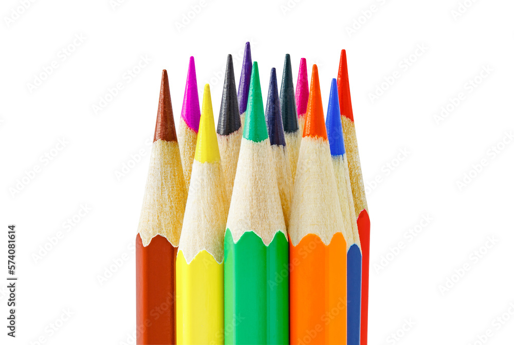 Colored pencils with facets gathered in bundle, sharpened edge isolated on white background with clipping path Colored pencils with facets gathered in bundle, sharpened edge isolated on white background with clipping path