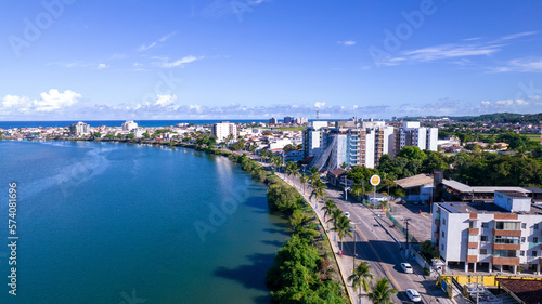 Aerial view of Ilheus, tourist town in Bahia. Historic city center with sea and river.