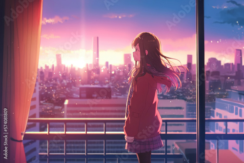 Cute girl and the city view from the balcony, Generative AI