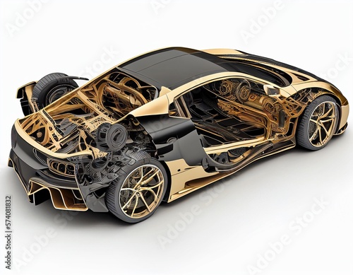 Futuristic Black and Gold Sports Car with Cutaway Diagram.  Generative AI.