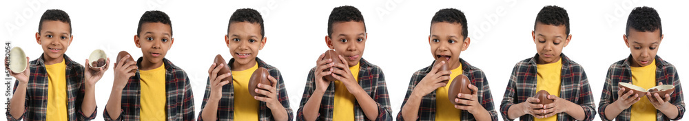 Set of cute African-American boy with chocolate Easter eggs on white background Set of cute African-American boy with chocolate Easter eggs on white background