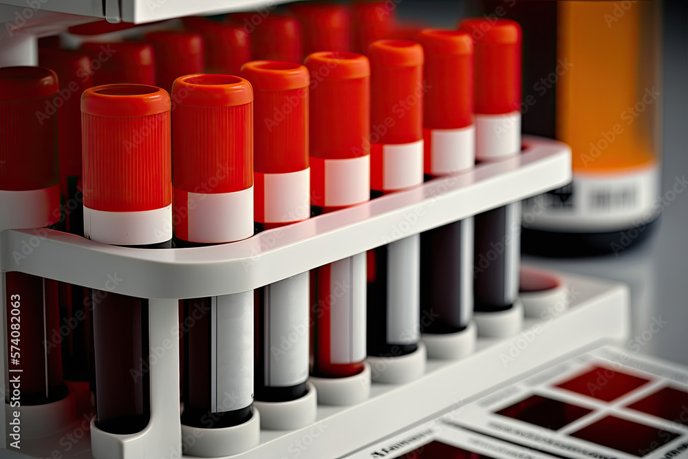 Blood samples in test tubes with red caps and white labels - generative AI, generative, AI Blood samples in test tubes with red caps and white labels - generative AI, generative, AI