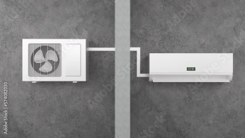 Ac, Air Conditioner complete connection. Air conditioning split system. Outdoor and indoor units. Work sequence diagram. The concept of heat, cool air, cooling.Fixed camera view. 