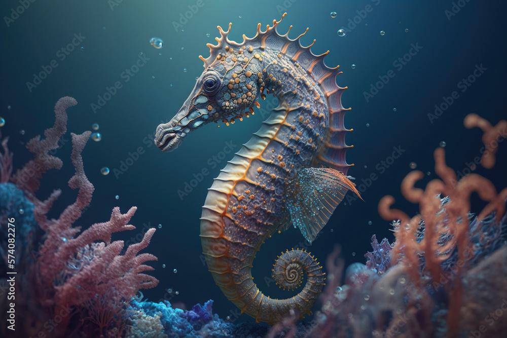 Seahorse, a small marine fish, in a coral reef, illustration generative ai Seahorse, a small marine fish, in a coral reef, illustration generative ai