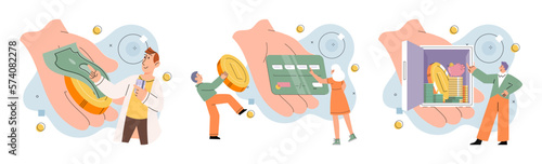 Businessman investor with coins. Employee or entrepreneur puts money in secret safe, calculates profit. Financial literacy and passive income, successful investor. Person stands holding bank card