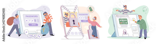 Hacker activity. Hacking computer. Phishing account, steal data, cyber attack. Stealing password. Cyber crime, theft personal information, cyber security spy access. Internet fraud scenes set metaphor