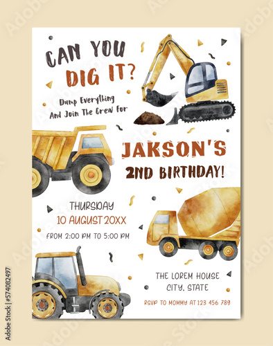 Construction Birthday Watercolor Invitation Card template background for baby and kids