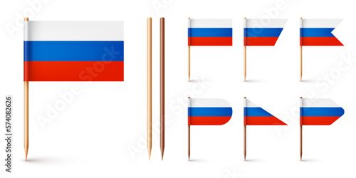 Realistic various Russian toothpick flags. Souvenir from Russia. Wooden toothpicks with paper flag. Location mark, map pointer. Blank mockup for advertising and promotions. Vector illustration