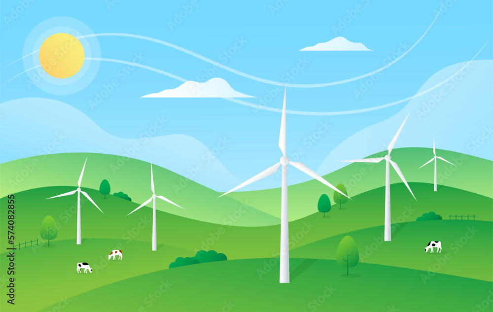Renewable energy, ESG concept. Green landscape with wind turbines. Gradient. Vector illustration