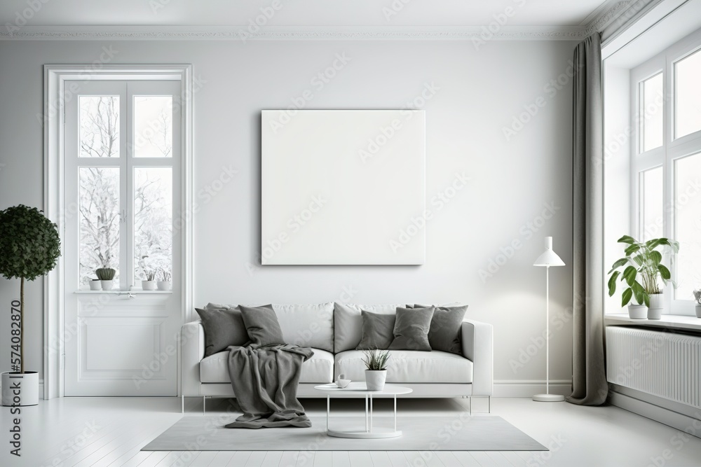 Interior poster mock up in living room with white wall. Generative AI Interior poster mock up in living room with white wall. Generative AI