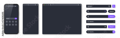 Smartphone, blank internet browser window and search bar templates, dark mode. Web site engine with search box, address bar and text field. UI design, website interface elements. Vector illustration