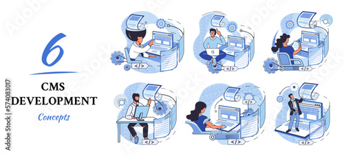 Digital content management system, CMS development software metaphor. Information system or computer program enable organize collaborative process of creating, editing and managing soft in network