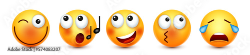 Cartoon emoji, emoticons collection. Yellow face with emotions, mood. Facial expression, realistic emoji. Sad, happy, angry faces. Funny character with smiling face. Vector illustration