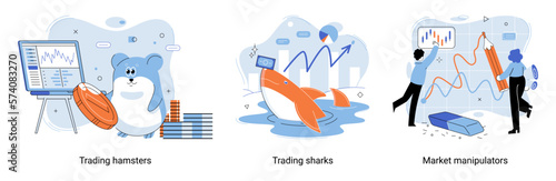 Stock market manipulation concepts set, change business graph indicator, influence crypto currency price for benefit or profit. Character analyzing stock market data to control financial graphic chart