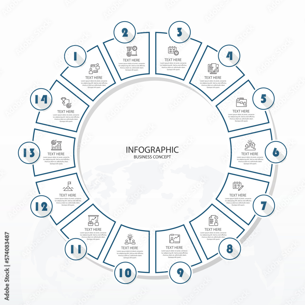Basic circle infographic with 14 steps, process or options.