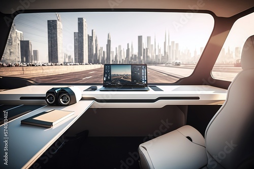 A modern car interior with a white table and a laptop, with a breathtaking cityscape view through the window, generatove ai