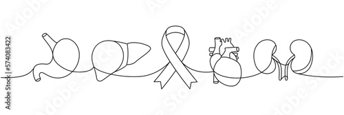 Stomach, heart, liver, kidneys one line continuous drawing. Cancer awareness ribbon, AIDS ribbon continuous one line illustration.