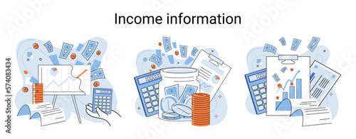 Income information vector set, business profitability indicator, entrepreneurial activity and accounting. Registration of claim form document, providing personal information, financial report for tax