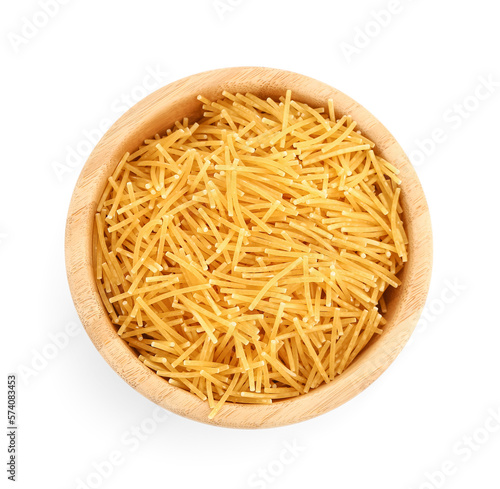 Wooden bowl of raw vermicelli pasta on white background