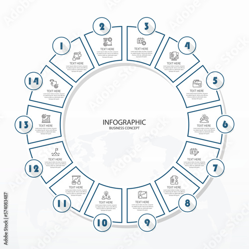 Basic circle infographic with 14 steps, process or options.