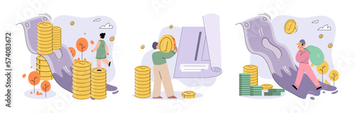 Financial audit concepts set. Character calculates and fills taxes from, analyzes public finances, puts tick in document. Economic fall and rise. Person earns and multiplies money. Achieving success