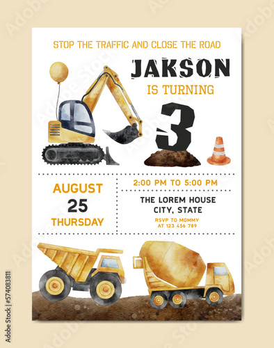 Construction Birthday Watercolor Invitation Card template background for baby and kids