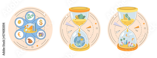 Time and money, deferred payment, financial system of global economy, capital investment, business timer countdown. Hourglass with coins and money turn into planet. World stock exchange vector set