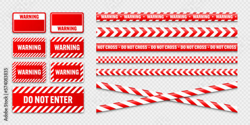 Various barricade construction tapes and warning shields. Red police warning line, brightly colored danger or hazard stripe, ribbon. Restricted area, zone. Attention symbol. Vector illustration