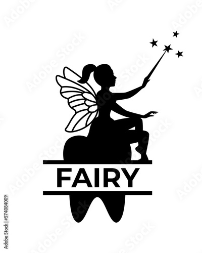 Fairy sitting on the tooth. Dental monogram. Little creature with wings. Magical tooth fairy creature logo. Mythical tale character