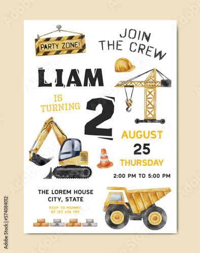 Construction Birthday Watercolor Invitation Card template background for baby and kids
