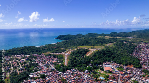 Aerial view of Itacare beach, Bahia, Brazil. Village with fishing boats and vegetation photo