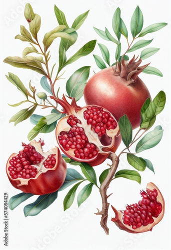 Fresh branch of pomegranate tree, drawing on white background. Watercolor AI generative illustration