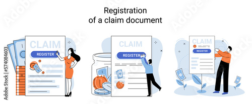 Registration of claim form register document, providing personal information, income information vector set. Tax filing, employer form, earnings statement documents, online software abstract metaphor
